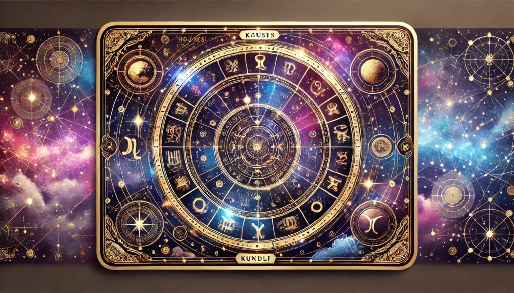 A mystical illustration of a circular Kundli chart with 12 houses highlighted, surrounded by zodiac symbols and planetary icons on a cosmic background of deep blue, purple, and gold tones.