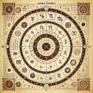 Traditional Lagna Kundli chart displaying 12 houses with zodiac signs and planetary positions in an Indian astrological style.