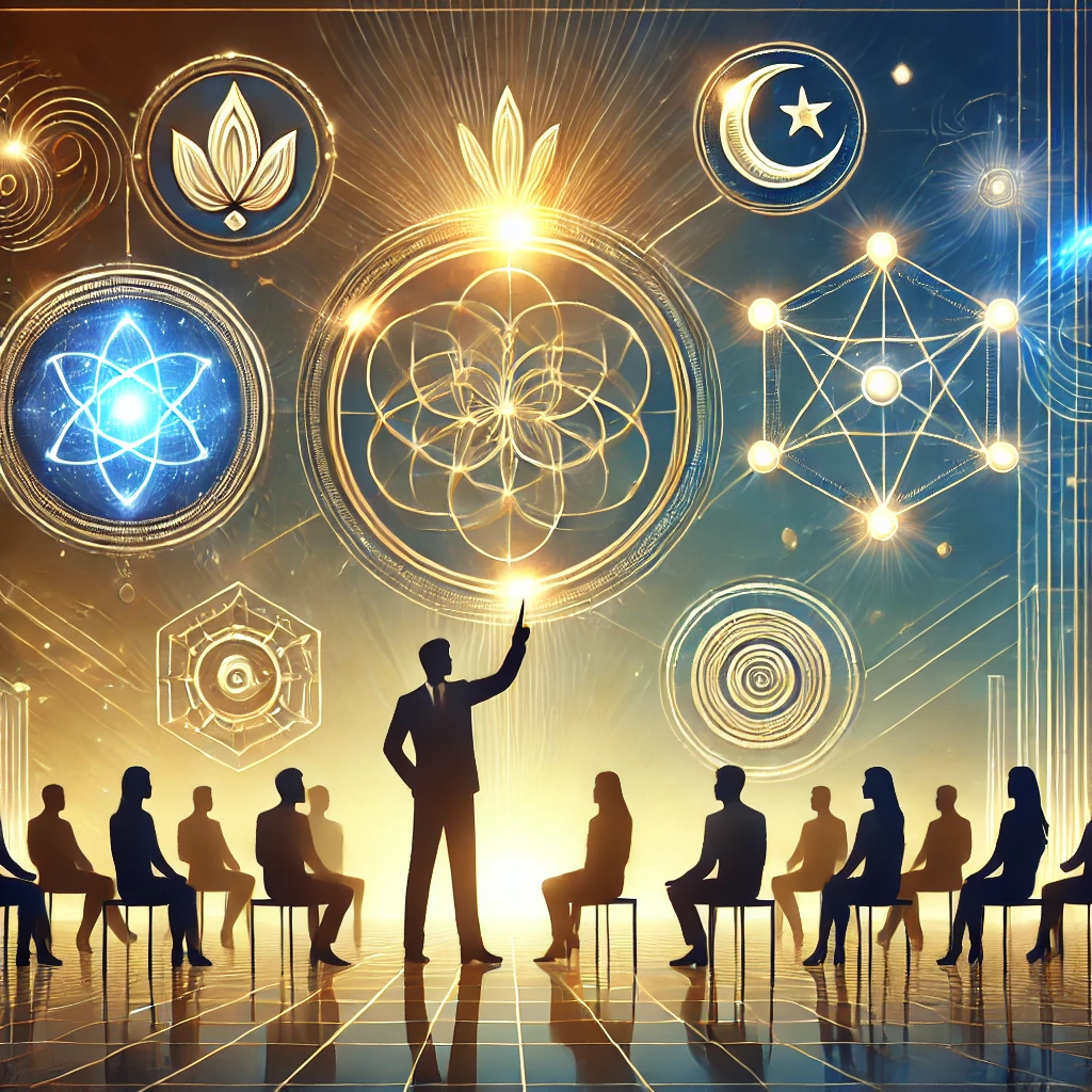 A professional and inspiring image of a mentor guiding individuals, surrounded by celestial charts, sacred geometry, and glowing light beams symbolizing wisdom and empowerment.
