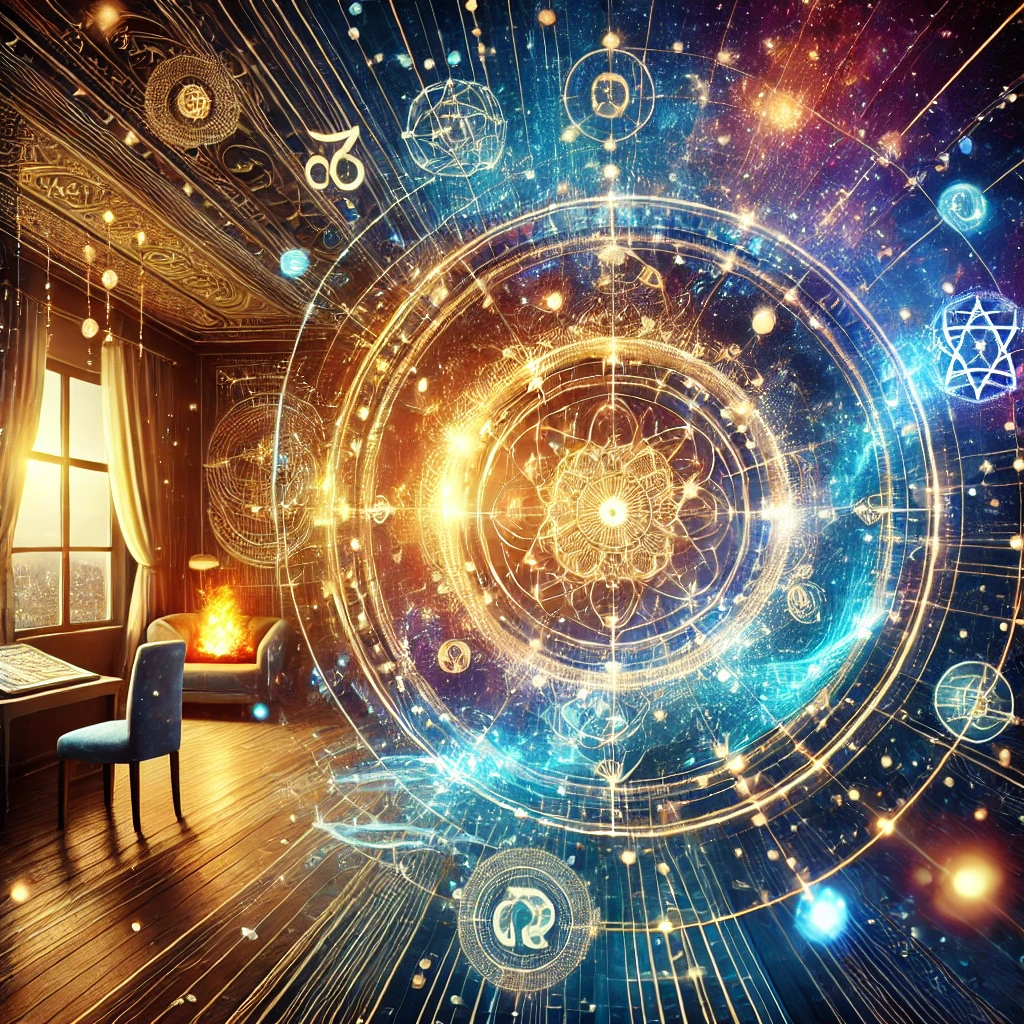 A captivating representation of Numerology, Astrology, and Vaastu featuring cosmic patterns, a celestial chart and sacred geometry integrated with serene environments, symbolizing harmony and guidance.