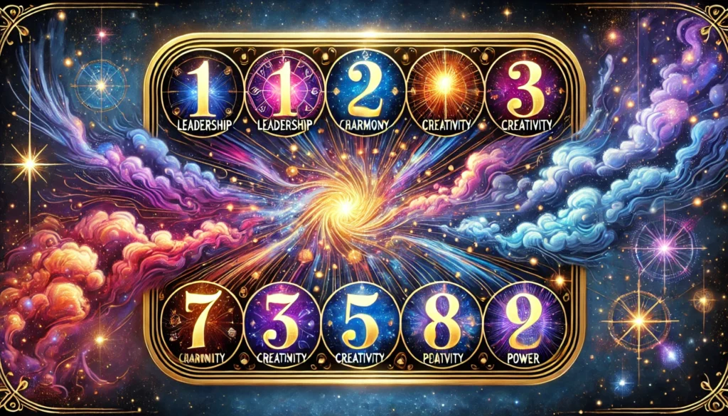 A rectangular digital illustration showcasing the personalities of numbers in numerology, with numbers 1 to 9 glowing against a mystical cosmic background.